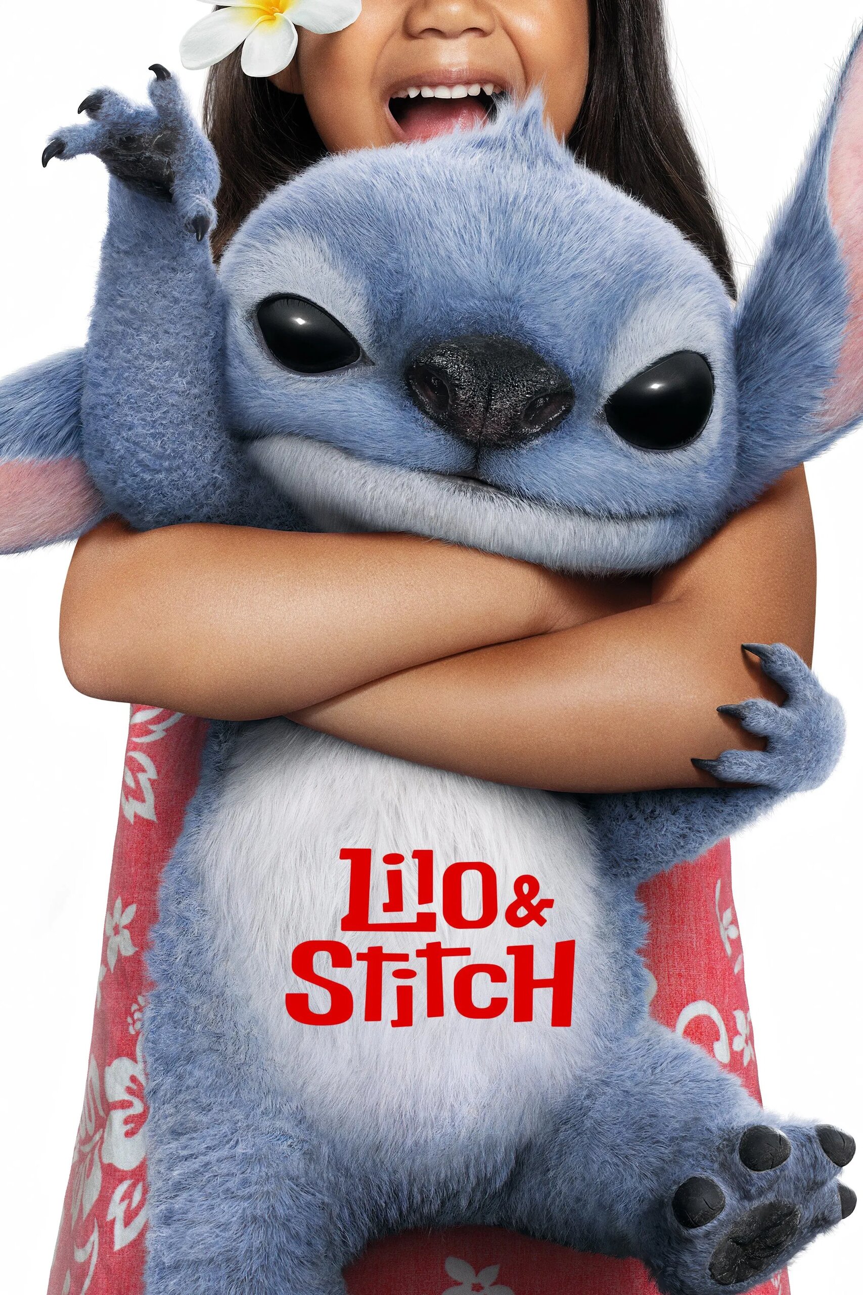 莉蘿開心地抱著藍色外星生物史迪奇，圖片上有紅色的「Lilo & Stitch」標題。